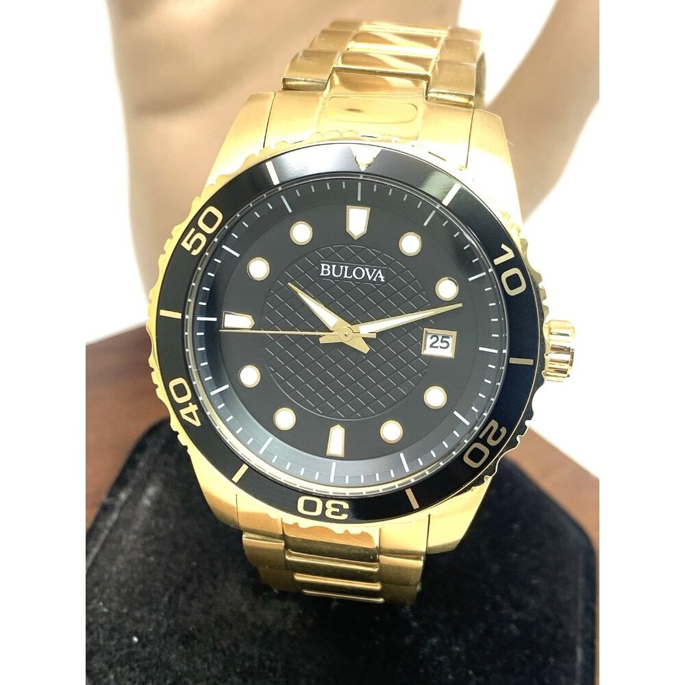 Bulova Men's Watch 98B375 Quartz Gold Black Dial Date Stainless Steel 43mm